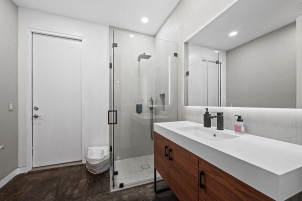 Bathroom, Glass Shower, Interior, Recessed Lighting