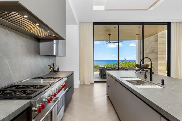 Interior, Kitchen, Recessed Lighting, Stainless Steel Appliances, Water, Wood Texture Flooring