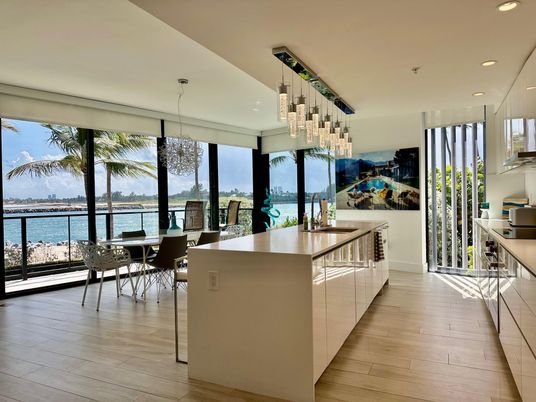 Dining room, Interior, Kitchen, Pendant Lights, Recessed Lighting, Water, Wood Texture Flooring