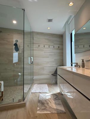 Bathroom, Glass Shower, Interior, Recessed Lighting, Wood Texture Flooring, Wooden Walls