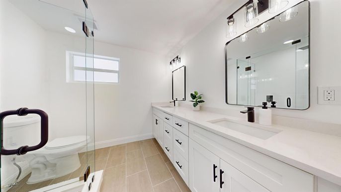 Bathroom, Dual Sink Vanities, Glass Shower, Interior, Recessed Lighting