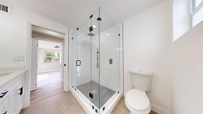 Bathroom, Glass Shower, Interior, Wood Texture Flooring