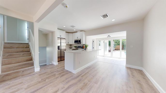 Interior, Kitchen, Recessed Lighting, Stainless Steel Appliances, Wood Texture Flooring