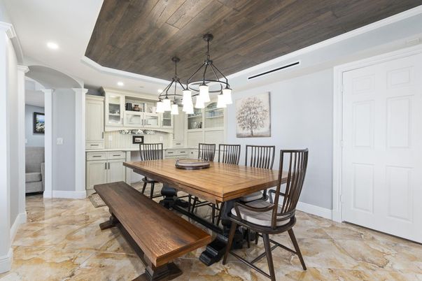 Chandelier, Dining room, Interior, Kitchen, Pendant Lights, Recessed Lighting, Wooden Ceilings