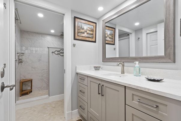 Bathroom, Glass Shower, Interior, Marble Walls, Recessed Lighting