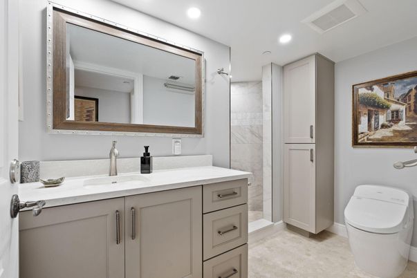Bathroom, Dual Sink Vanities, Interior, Marble Walls, Recessed Lighting