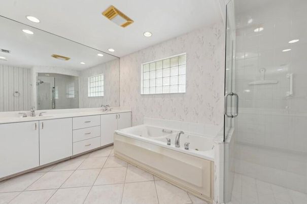 Bathroom, Dual Sink Vanities, Glass Shower, Interior, Marble Walls, Recessed Lighting