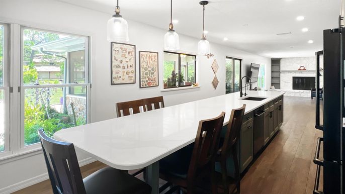 Dining room, Fireplace, Interior, Kitchen, Pendant Lights, Recessed Lighting, Wood Texture Flooring