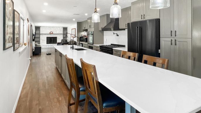 Fireplace, Interior, Kitchen, Pendant Lights, Recessed Lighting, Wood Texture Flooring