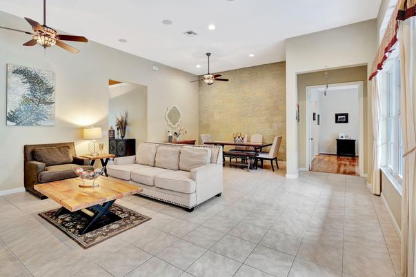Dining room, Interior, Living room, Recessed Lighting, Stone Walls