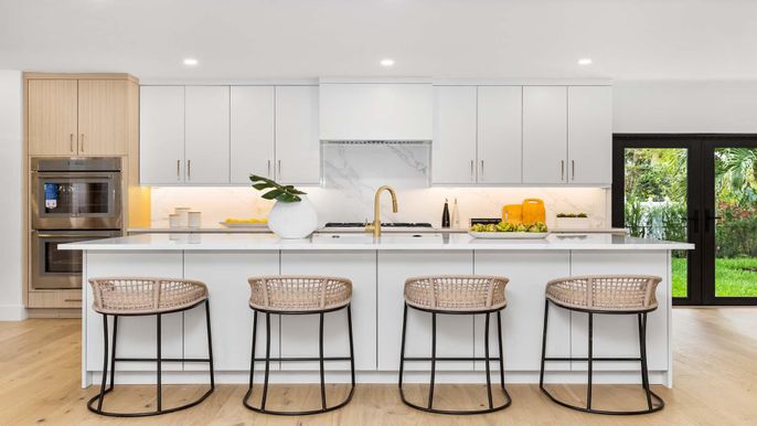 Interior, Kitchen, Marble Walls, Recessed Lighting, Stainless Steel Appliances, Wood Texture Flooring