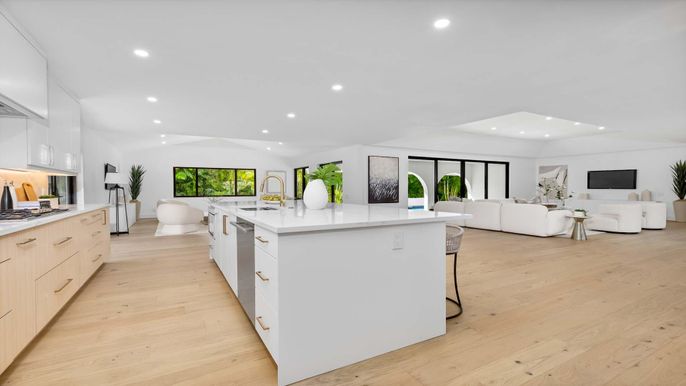 Interior, Kitchen, Living room, Recessed Lighting, Stainless Steel Appliances, Wood Texture Flooring