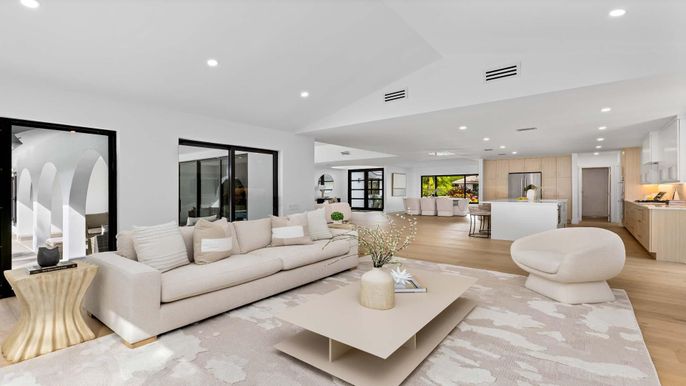 Interior, Kitchen, Living room, Recessed Lighting, Wood Texture Flooring