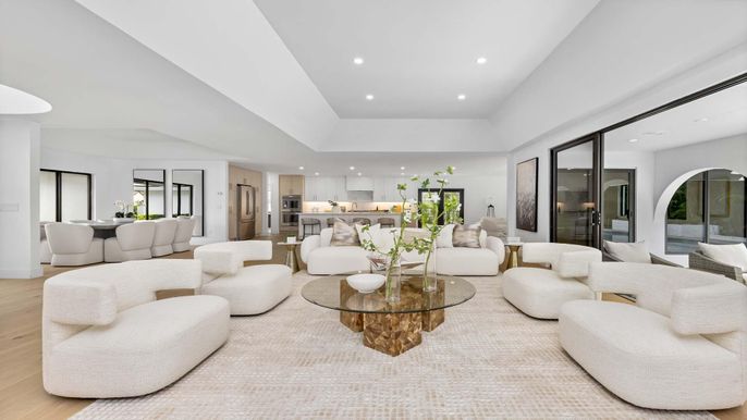 Dining room, Interior, Kitchen, Living room, Recessed Lighting, Stainless Steel Appliances, Wood Texture Flooring
