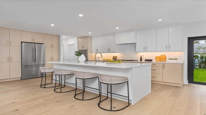 Interior, Kitchen, Marble Walls, Recessed Lighting, Stainless Steel Appliances, Wood Texture Flooring