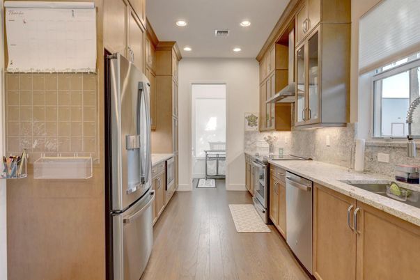 Interior, Kitchen, Recessed Lighting, Stainless Steel Appliances, Wood Texture Flooring