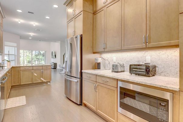Interior, Kitchen, Recessed Lighting, Stainless Steel Appliances, Wood Texture Flooring