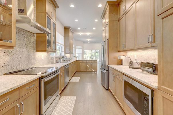 Interior, Kitchen, Recessed Lighting, Stainless Steel Appliances, Wood Texture Flooring