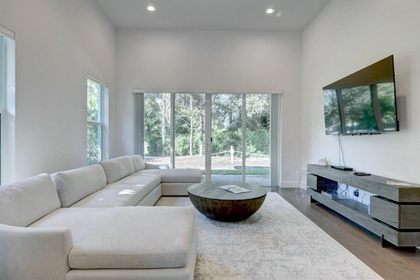 Interior, Living room, Recessed Lighting, Wood Texture Flooring