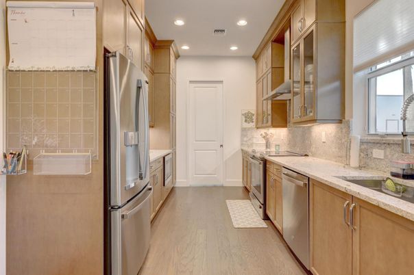 Interior, Kitchen, Recessed Lighting, Stainless Steel Appliances, Wood Texture Flooring
