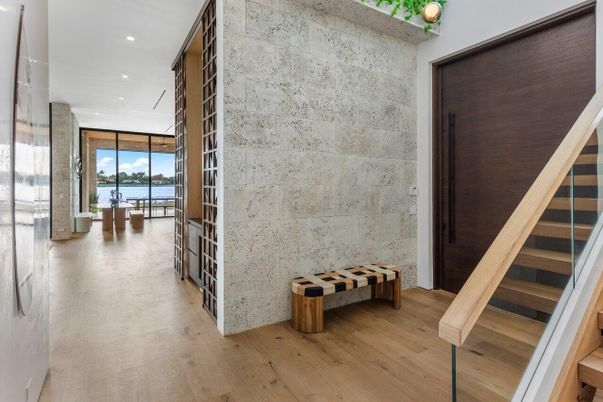 Interior, Recessed Lighting, Stone Walls, Wood Texture Flooring