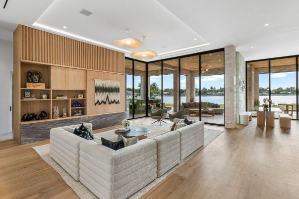 Interior, Living room, Pendant Lights, Recessed Lighting, Water, Wood Texture Flooring