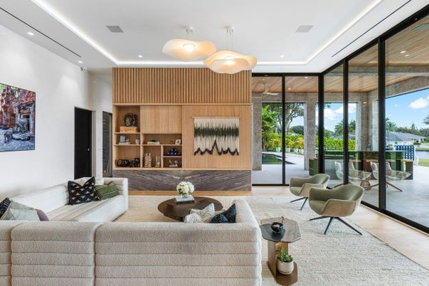 Interior, Living room, Pendant Lights, Recessed Lighting, Wood Texture Flooring, Wooden Walls