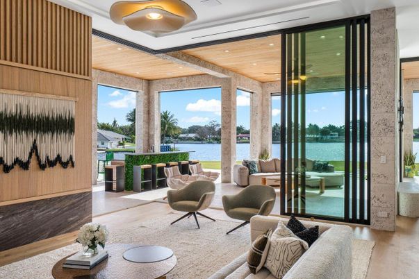 Interior, Living room, Recessed Lighting, Water, Wooden Ceilings, Wood Texture Flooring