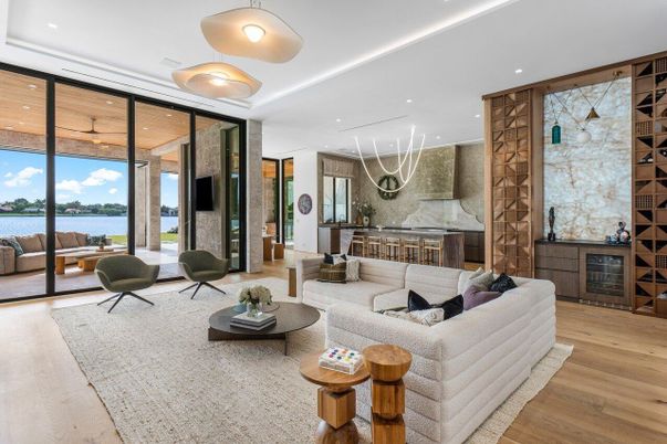 Interior, Living room, Pendant Lights, Recessed Lighting, Water, Wood Texture Flooring