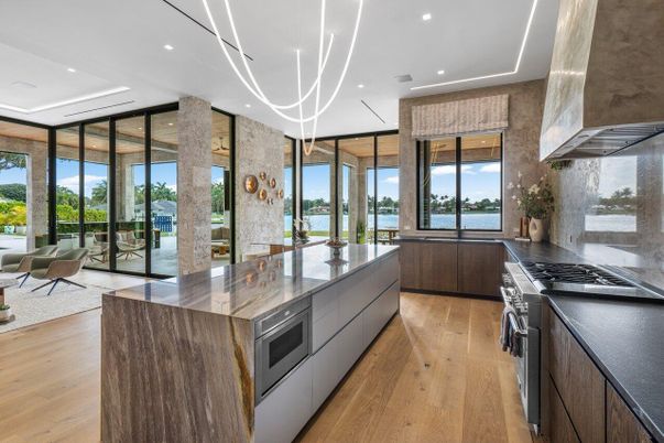 Interior, Kitchen, Pendant Lights, Recessed Lighting, Stainless Steel Appliances, Water, Wood Texture Flooring