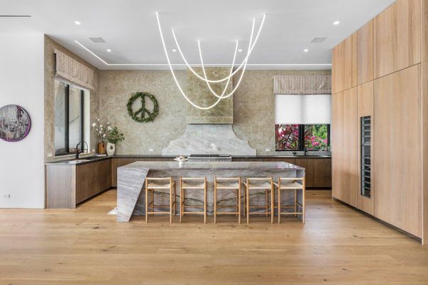 Dining room, Interior, Kitchen, Pendant Lights, Recessed Lighting, Wood Texture Flooring