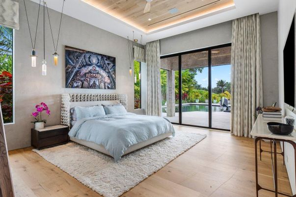 Bedroom, Interior, Pendant Lights, Wooden Ceilings, Wood Texture Flooring