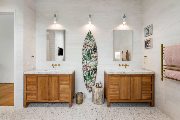 Bathroom, Dual Sink Vanities, Interior, Wood Texture Flooring