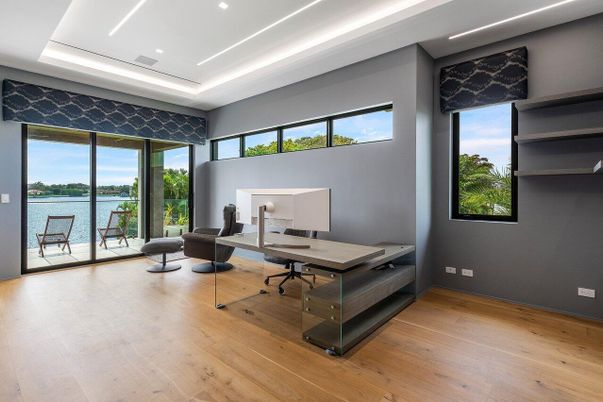 Home Office, Interior, Recessed Lighting, Water, Wood Texture Flooring
