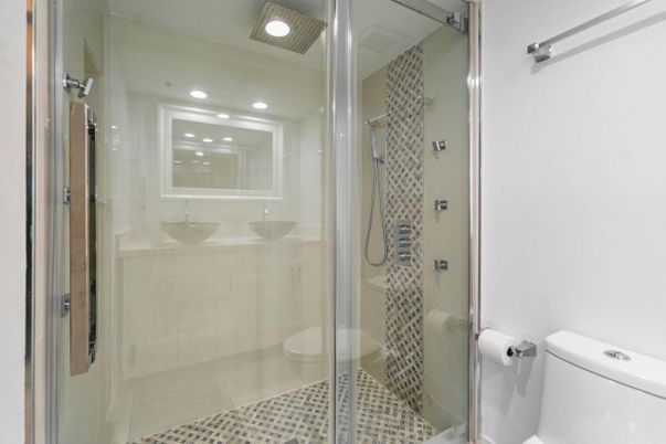 Bathroom, Glass Shower, Interior, Recessed Lighting