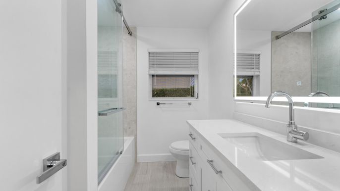 Bathroom, Glass Shower, Interior, Wood Texture Flooring