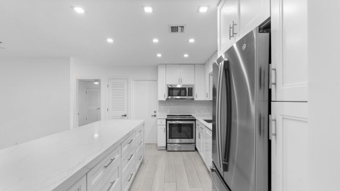 Interior, Kitchen, Recessed Lighting, Stainless Steel Appliances, Wood Texture Flooring