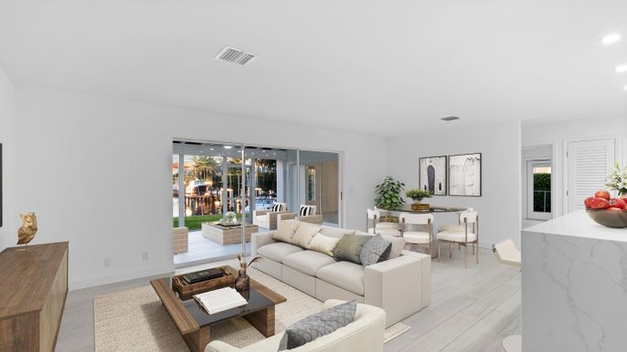 Dining room, Interior, Living room, Recessed Lighting, Wood Texture Flooring