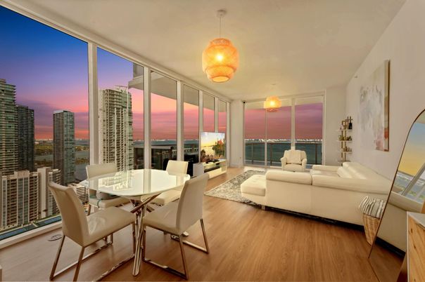 Dining room, Interior, Living room, Pendant Lights, Water, Wood Texture Flooring, Skyline