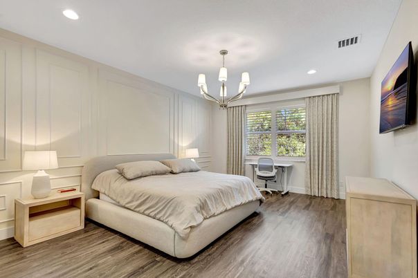 Bedroom, Chandelier, Home Office, Interior, Recessed Lighting, Wood Texture Flooring