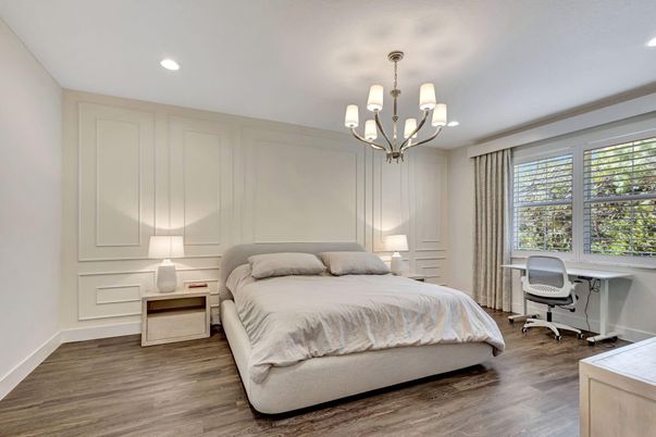 Bedroom, Chandelier, Home Office, Interior, Recessed Lighting, Wood Texture Flooring