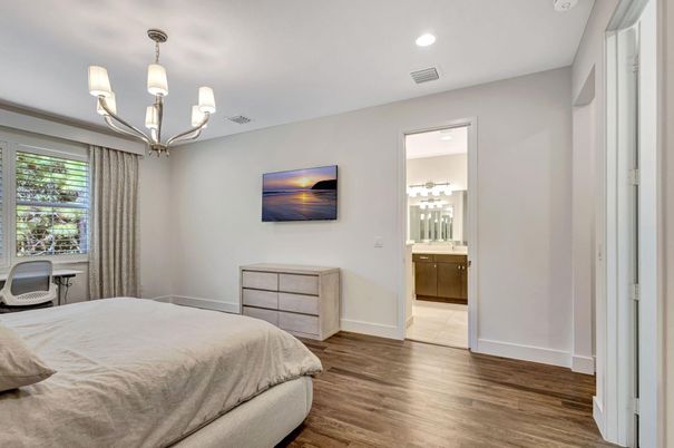 Bedroom, Chandelier, Interior, Recessed Lighting, Wood Texture Flooring