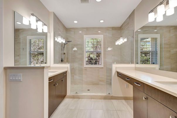 Bathroom, Dual Sink Vanities, Glass Shower, Interior, Recessed Lighting