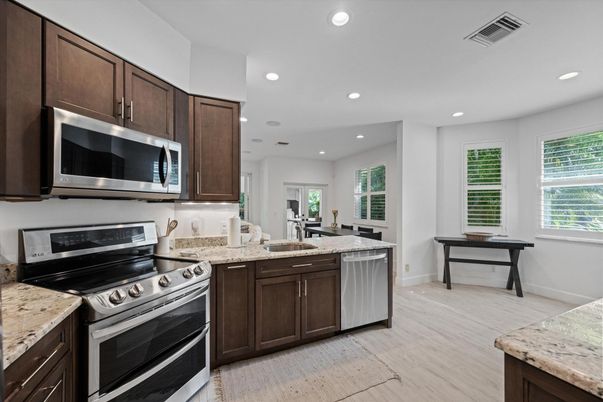 Interior, Kitchen, Recessed Lighting, Stainless Steel Appliances, Wood Texture Flooring