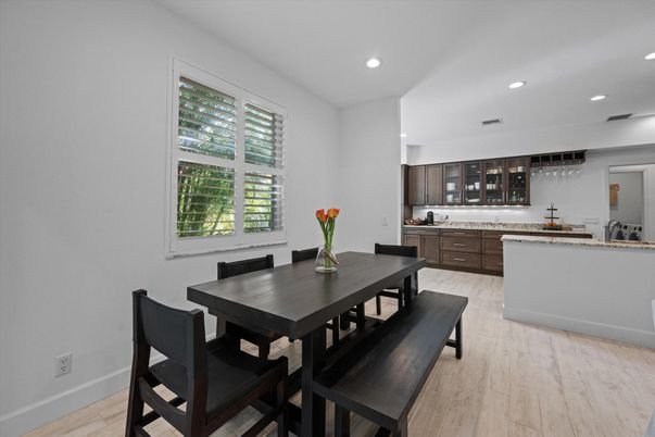 Dining room, Interior, Kitchen, Recessed Lighting, Wood Texture Flooring