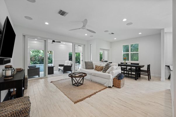 Dining room, Interior, Living room, Recessed Lighting, Wood Texture Flooring