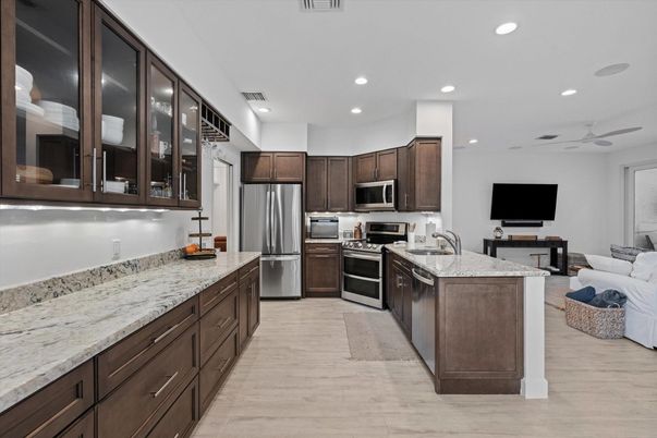 Interior, Kitchen, Living room, Recessed Lighting, Stainless Steel Appliances, Wood Texture Flooring