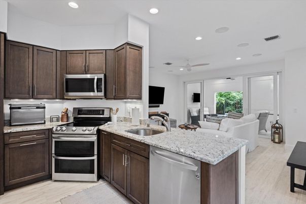 Interior, Kitchen, Living room, Recessed Lighting, Stainless Steel Appliances, Wood Texture Flooring