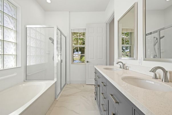 Bathroom, Dual Sink Vanities, Glass Shower, Interior, Marble, Recessed Lighting