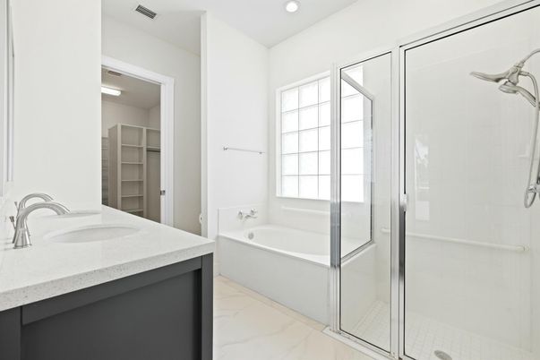 Bathroom, Glass Shower, Interior, Marble, Recessed Lighting, Walk-in Closets